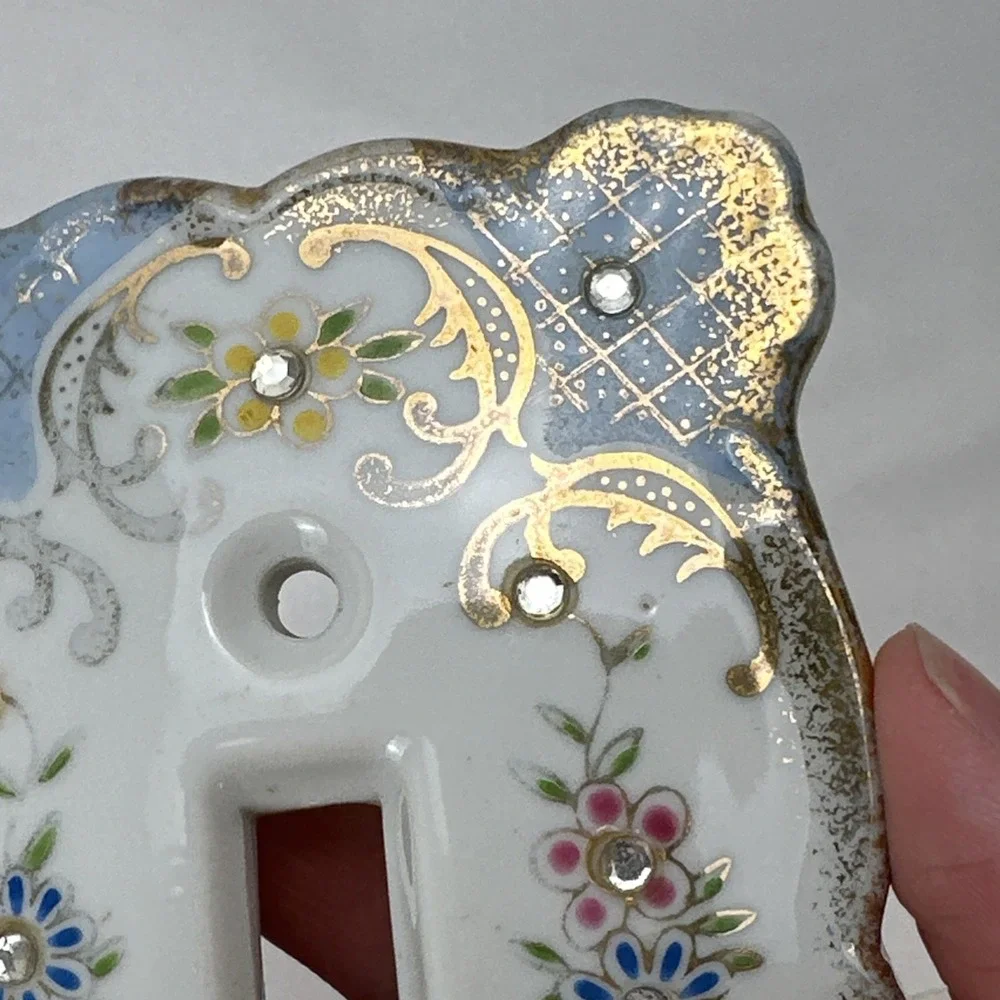 Vintage Lefton's Floral Rhinestones Porcelain Light Switch Plate Cover Blue 2685